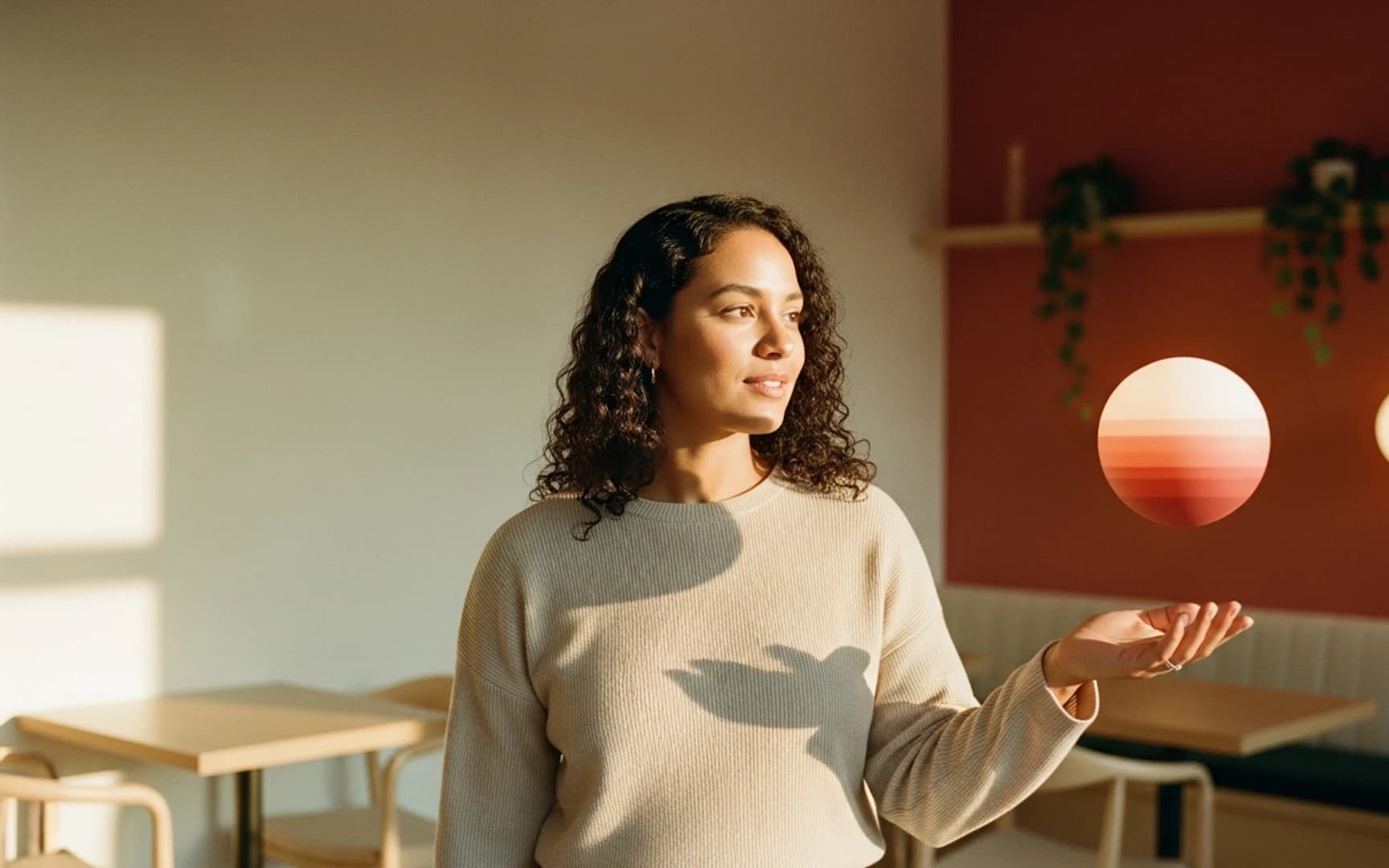 A woman in a warm, sunlit venue gazing at a glowing sphere of colour floating above her hand — music made visible