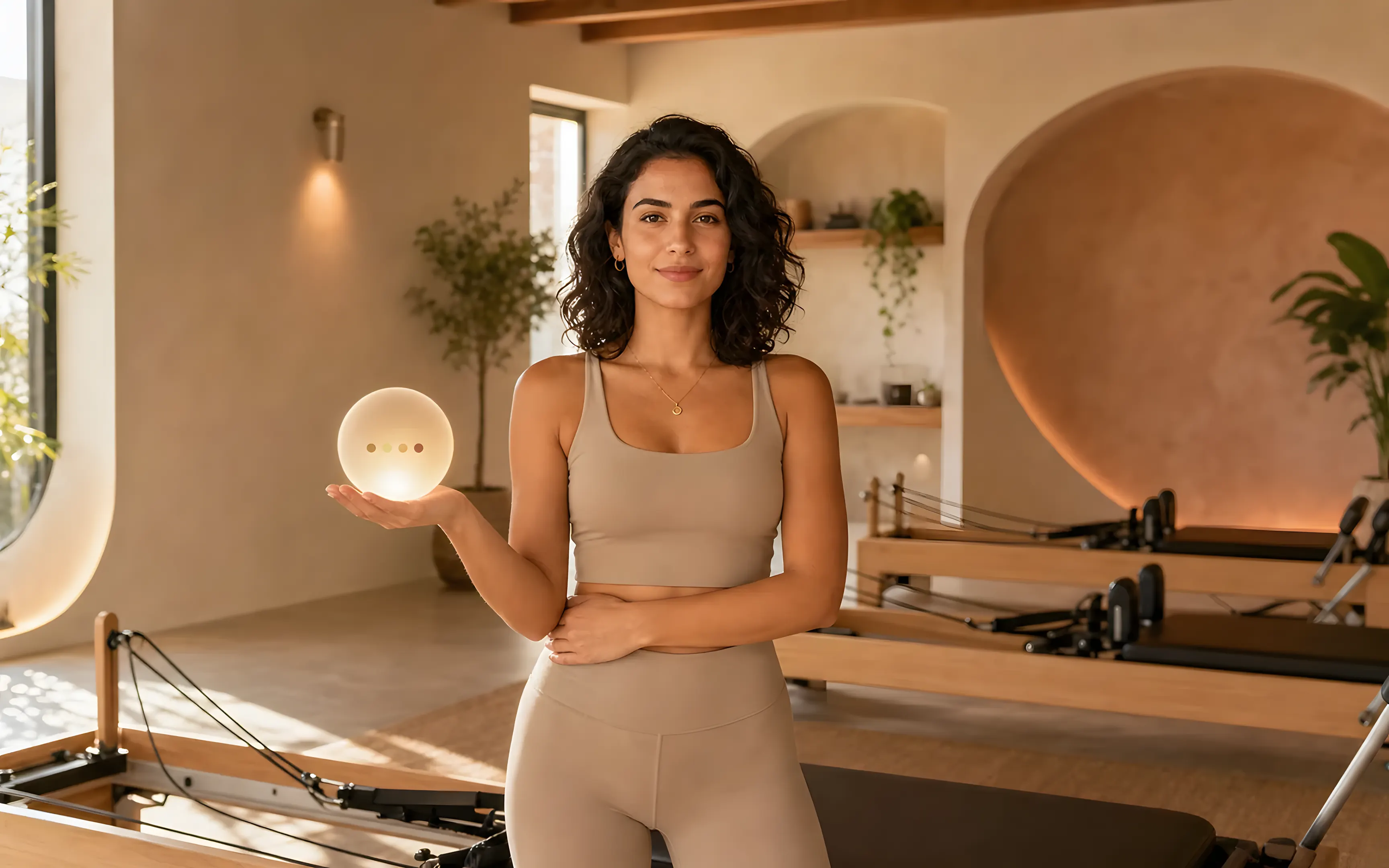 Pilates instructor preparing a calm boutique studio with Reformer equipment