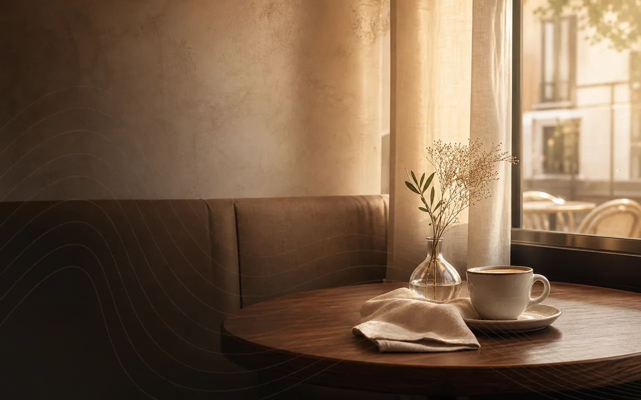 Quiet cafe tables with books, coffee cups, and soft afternoon light