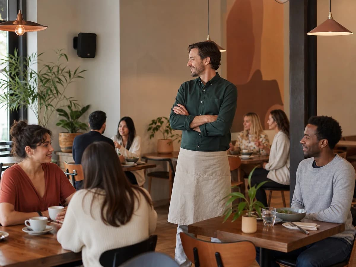 Bright brunch cafe table service with warm food, coffee, and daylight
