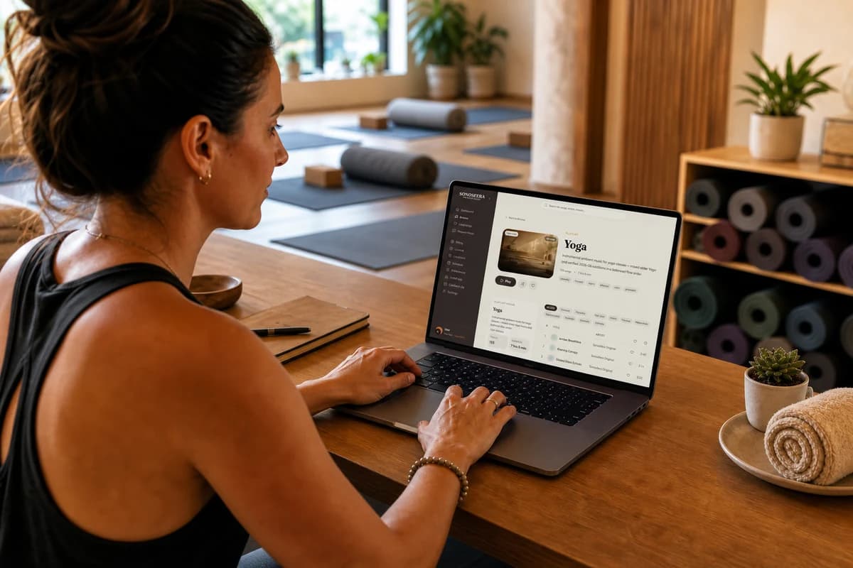 Responsable de studio de yoga choisissant une atmosphère de cours sur ordinateur
