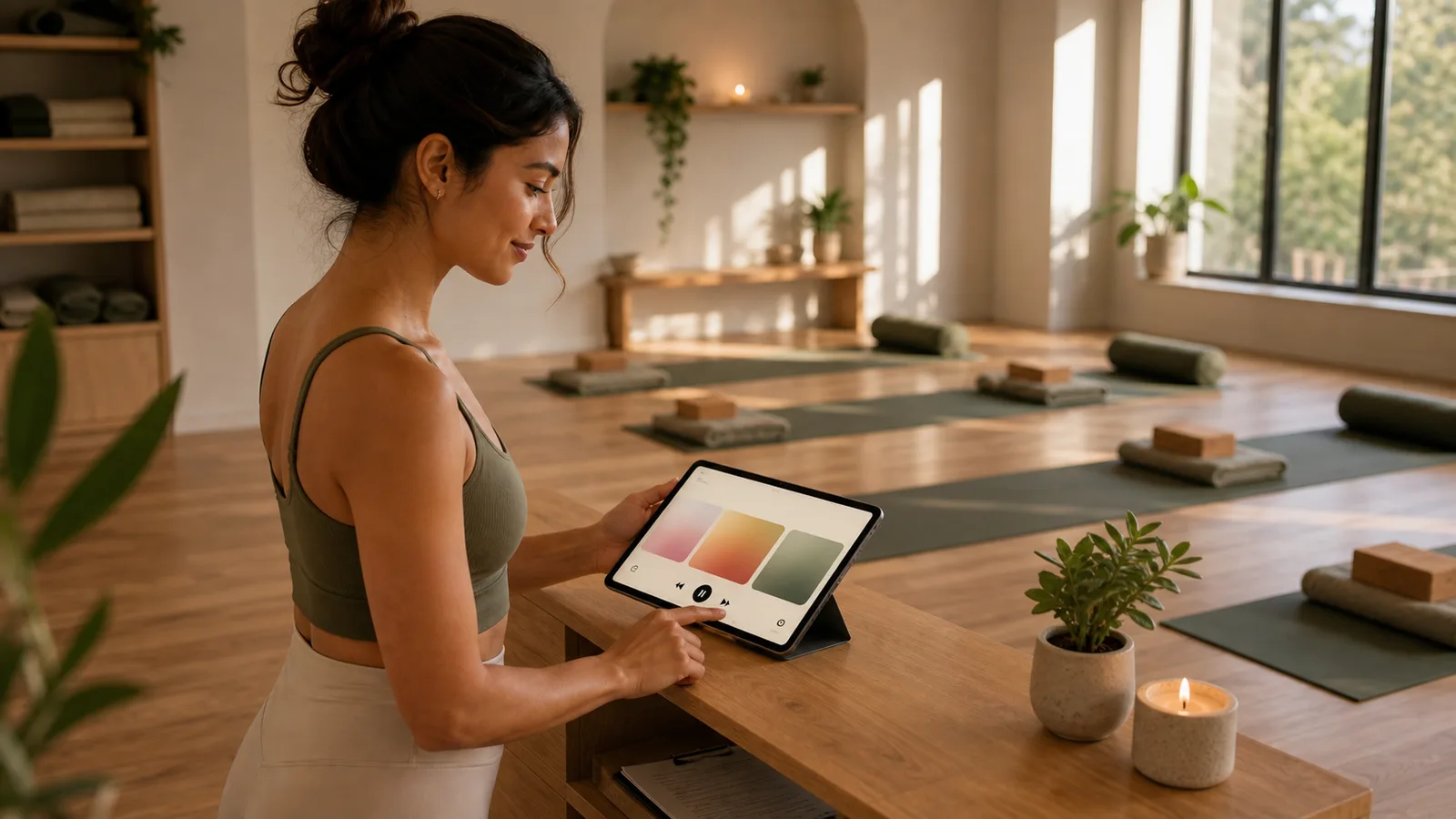 Yoga teacher choosing a Sonosfera playlist before class