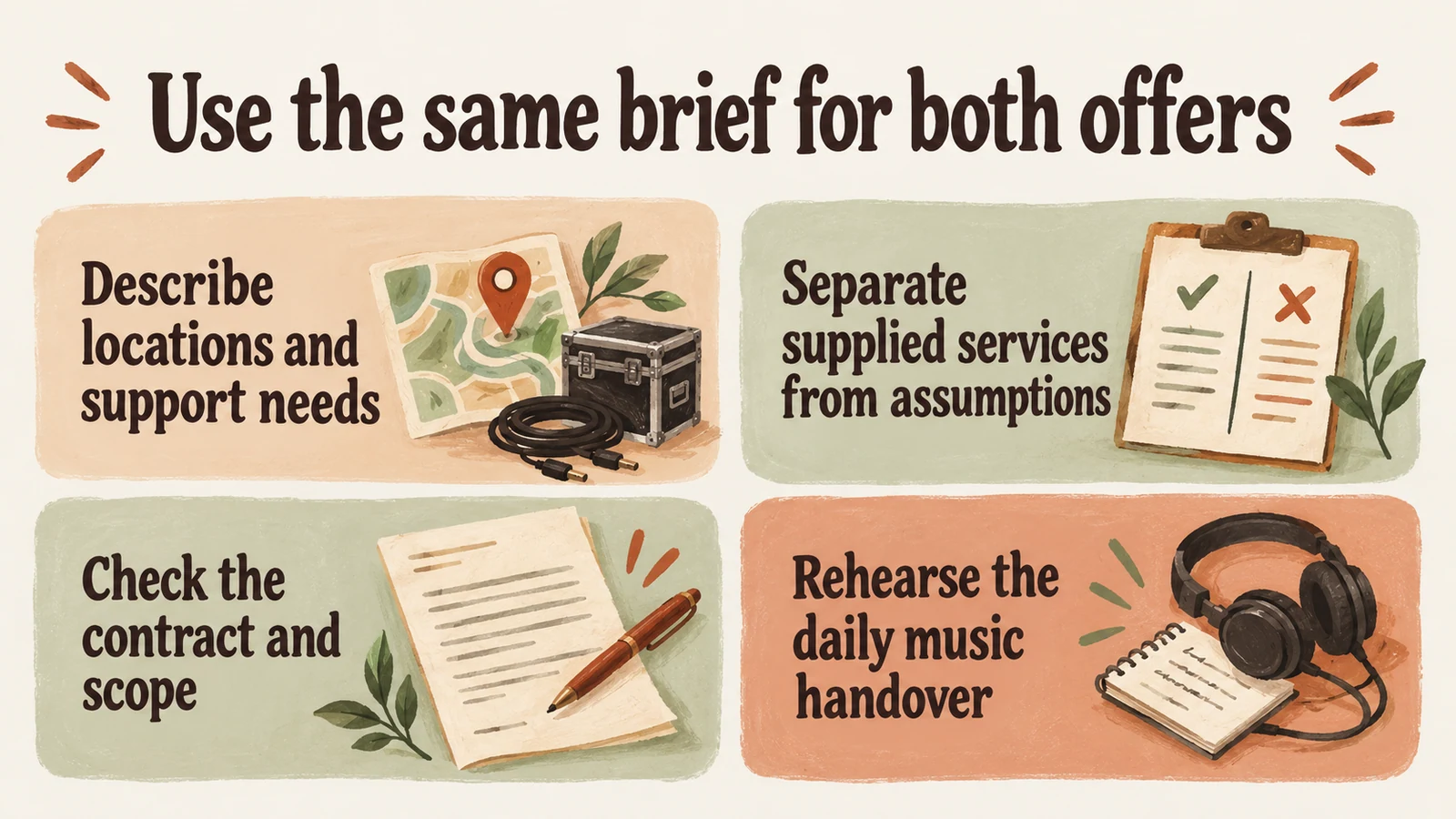 Process diagram for comparing a venue brief, written service offer and daily operating handover