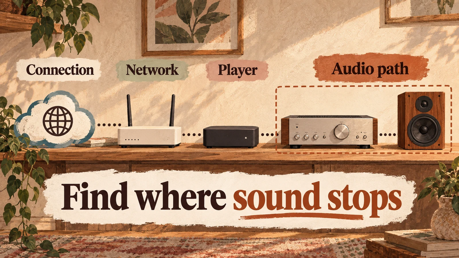 Illustrated signal path showing connection, network, player and the amplifier-to-speaker audio path as separate checkpoints