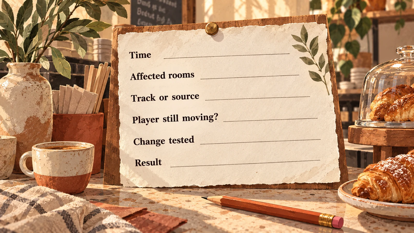 Illustrated blank incident note with fields for time, affected rooms, source, player movement, change tested and result