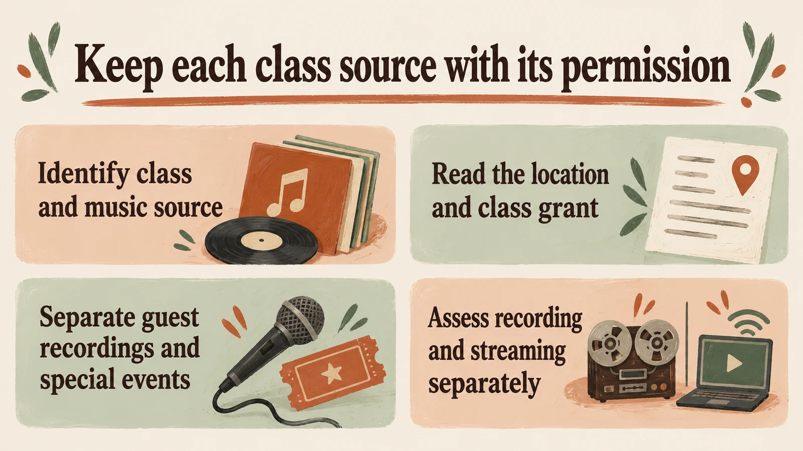 Decision diagram for keeping approved catalogue classes separate from guest music and recorded sessions