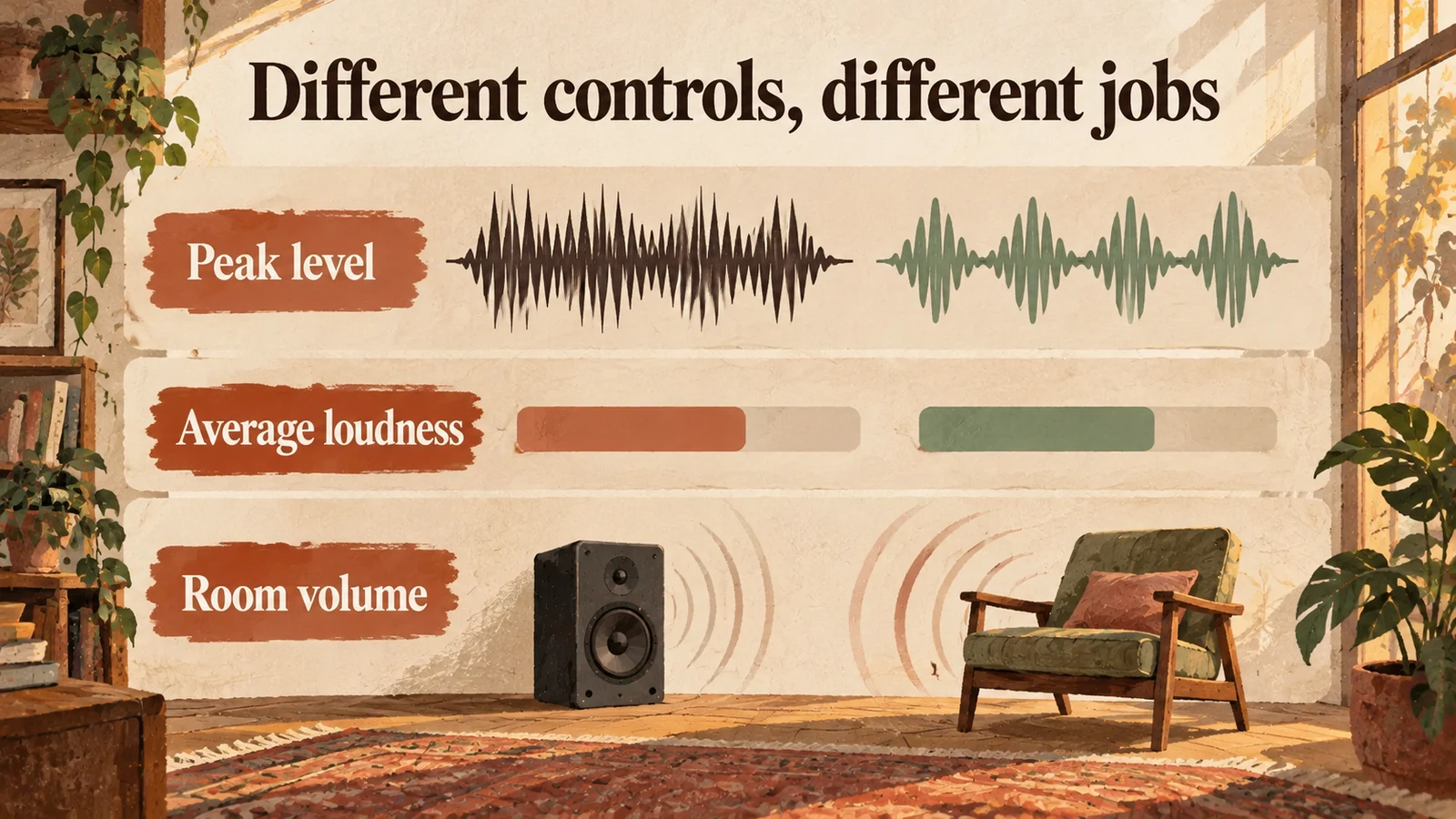 Illustrated comparison distinguishing peak level, average loudness and room volume as different controls