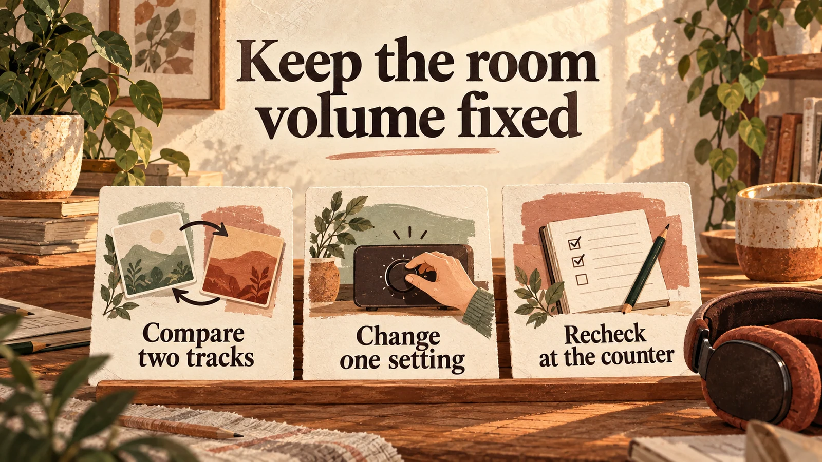 Illustrated listening card showing two tracks, one changed setting and a counter recheck while the room volume stays fixed